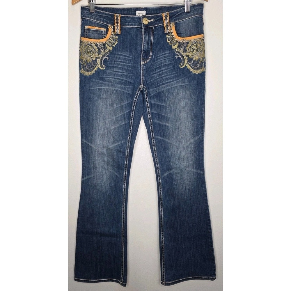 Cache Jeans Women 8x32 Blue Flared Embroidered Denim Pants Stretch Boho Festival